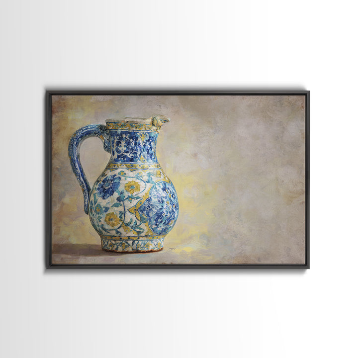 Blue and White Ceramic Pitcher Framed Canvas Print, French Country Art, Digital Art, Farmhouse Decor, Fine Art, Country, FCA-3x2-31