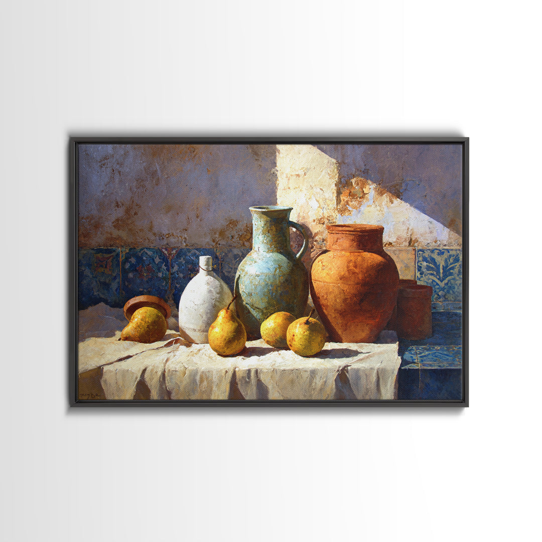 Pear Still Life on Linen Tablecloth Canvas Print, French Country Art, Minimalist Decor, Farmhouse Decor, Fine Art, Country, FCA-3x2-32