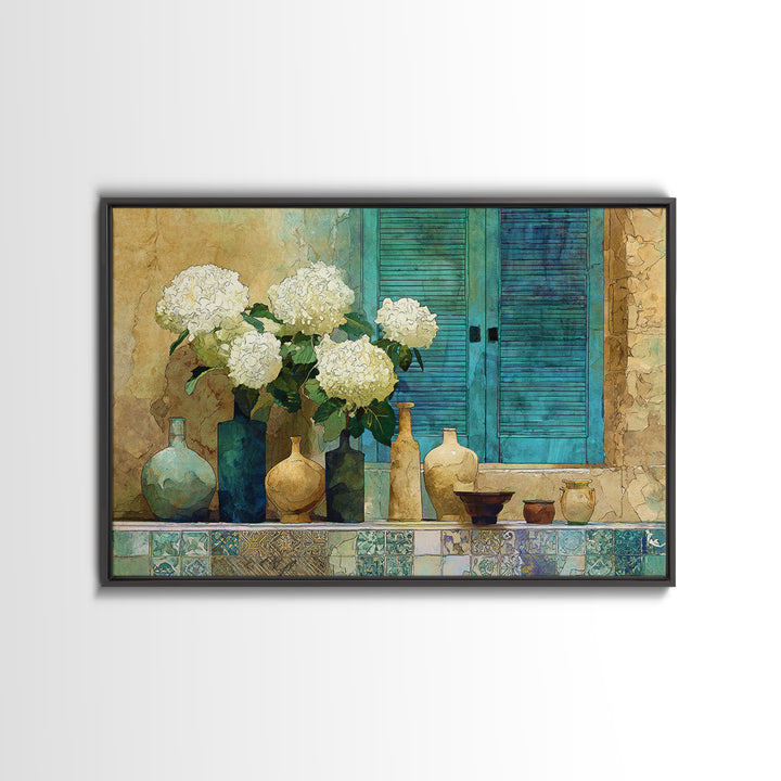 Soft Hydrangeas Beside Antique Shutters Framed Canvas Print, French Country Art, Contemporary Art, Farmhouse Decor, Country, FCA-3x2-36