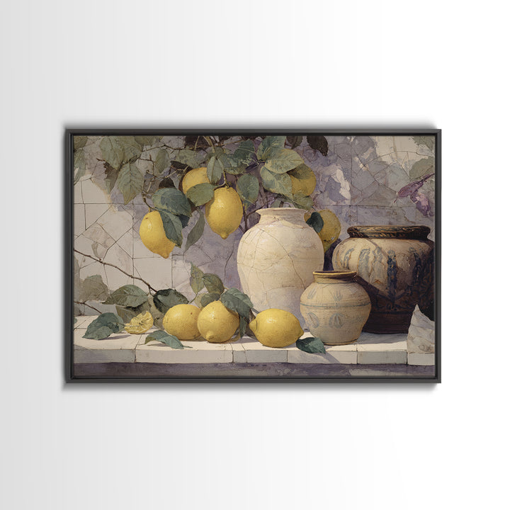 Aged Botanical Plate of Lemons and Leaves Framed Canvas Print, French Country Art, Wall Art, Farmhouse Decor, Watercolor Art, FCA-3x2-40