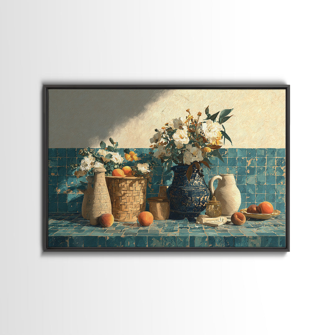 Basket of Fresh Peaches and Wildflowers Canvas Print, French Country Art, Digital Prints, Farmhouse Decor, Fine Art, Country, FCA-3x2-48