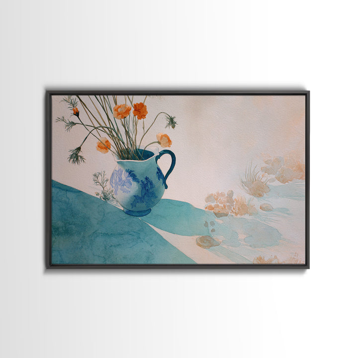 Blue and White Ceramic Pitcher Framed Canvas Print, French Country Art, Landscape Wall Art, Farmhouse Decor, Watercolor Art, FCA-3x2-55