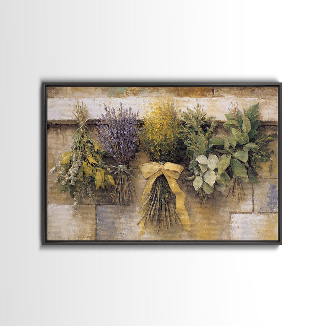 Farmhouse Kitchen Herbs Tied Framed Canvas Print, French Country Art, Digital Wall Art, Farmhouse Decor, Watercolor Art, FCA-3x2-65