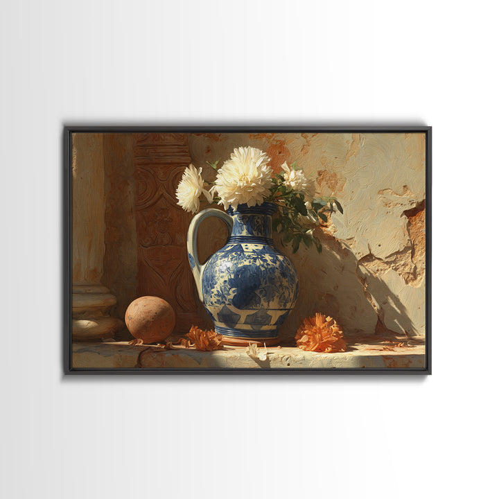 Blue and White Ceramic Pitcher Framed Canvas Print, French Country Art, Landscape Wall Art, Farmhouse Decor, Fine Art, Country, FCA-3x2-7