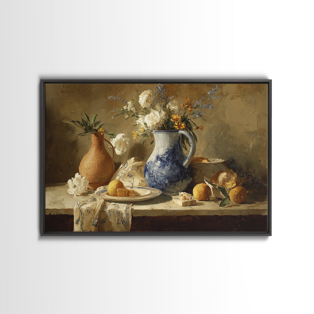 Blue and White Ceramic Pitcher Framed Canvas Print, French Country Art, Digital Art, Farmhouse Decor, Watercolor Art, Country, FCA-3x2-79