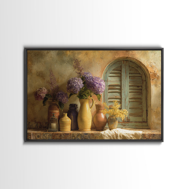 Soft Hydrangeas Beside Antique Shutters Canvas Print, French Country Art, Botanical Prints, Farmhouse Decor, Fine Art, Country, FCA-3x2-84