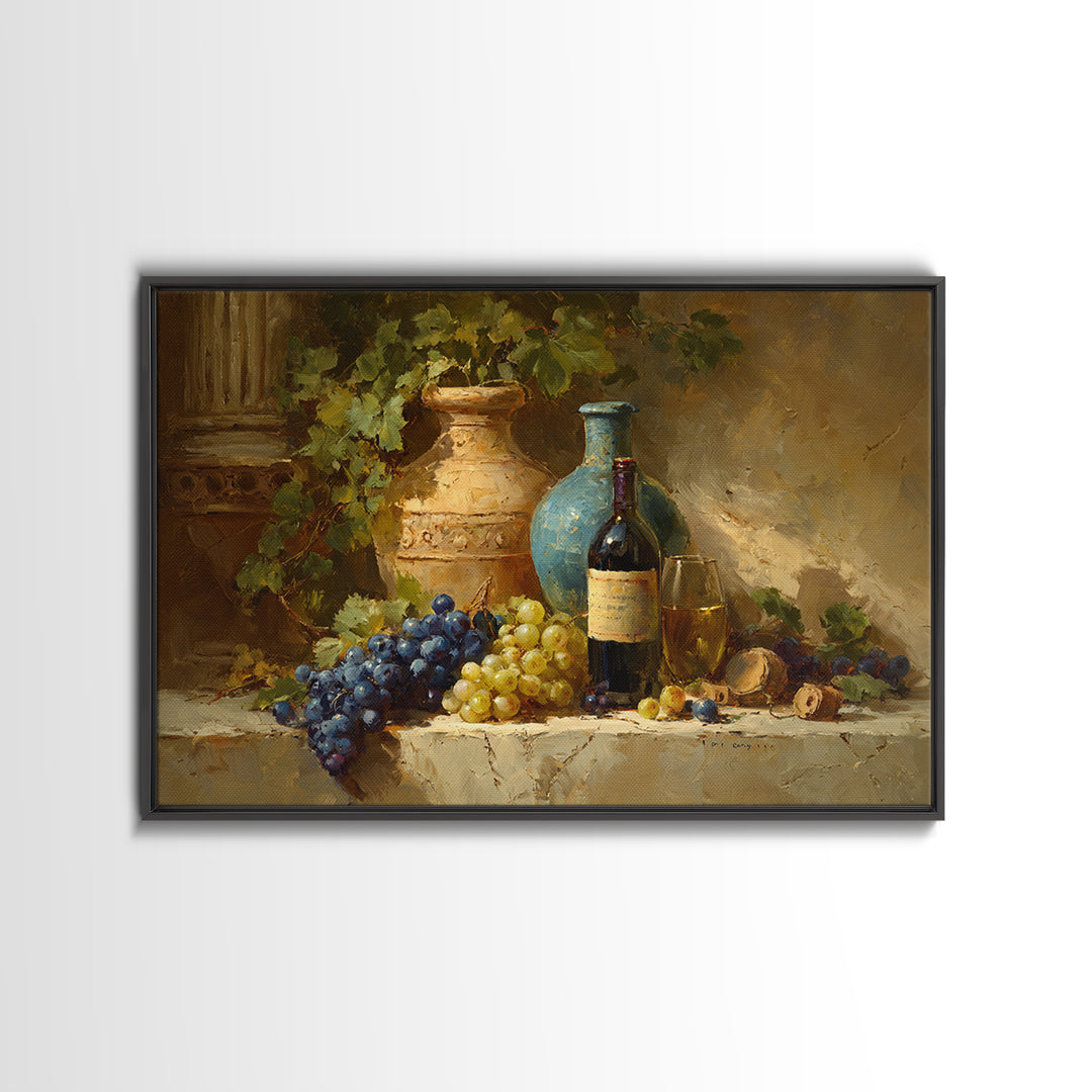 Grapes and Wine Still Life Framed Canvas Print, French Country Art, Farmhouse Decor, Fine Art, Country, Farmhouse Wall Art, FCA-3x2-85
