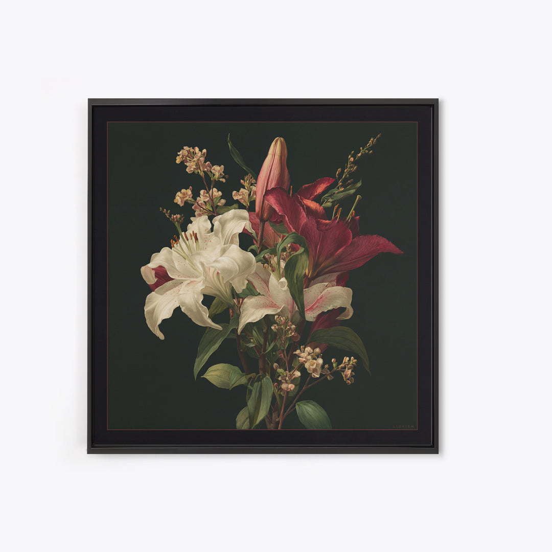 Lily Bouquet with Dramatic Dark Background Framed Canvas Print, Floral Art, Dark Academia Decor, Living Room Decor, Bloom, FLO-1x1-44