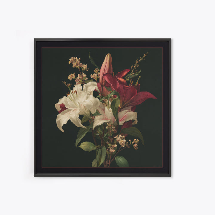 Lily Bouquet with Dramatic Dark Background Framed Canvas Print, Floral Art, Dark Academia Decor, Living Room Decor, Bloom, FLO-1x1-44