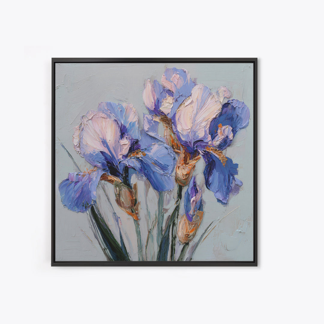 Irises Painted with Expressive Blue Strokes Framed Canvas Print, Floral Art, Botanical Curtain, Living Room Decor, Oil Painting, FLO-1x1-46