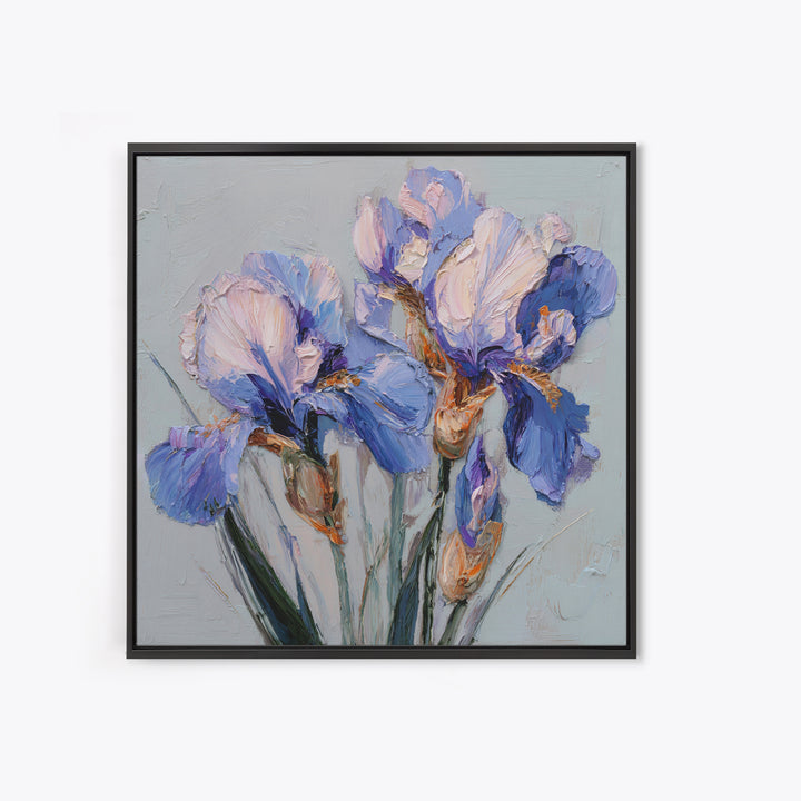 Irises Painted with Expressive Blue Strokes Framed Canvas Print, Floral Art, Botanical Curtain, Living Room Decor, Oil Painting, FLO-1x1-46