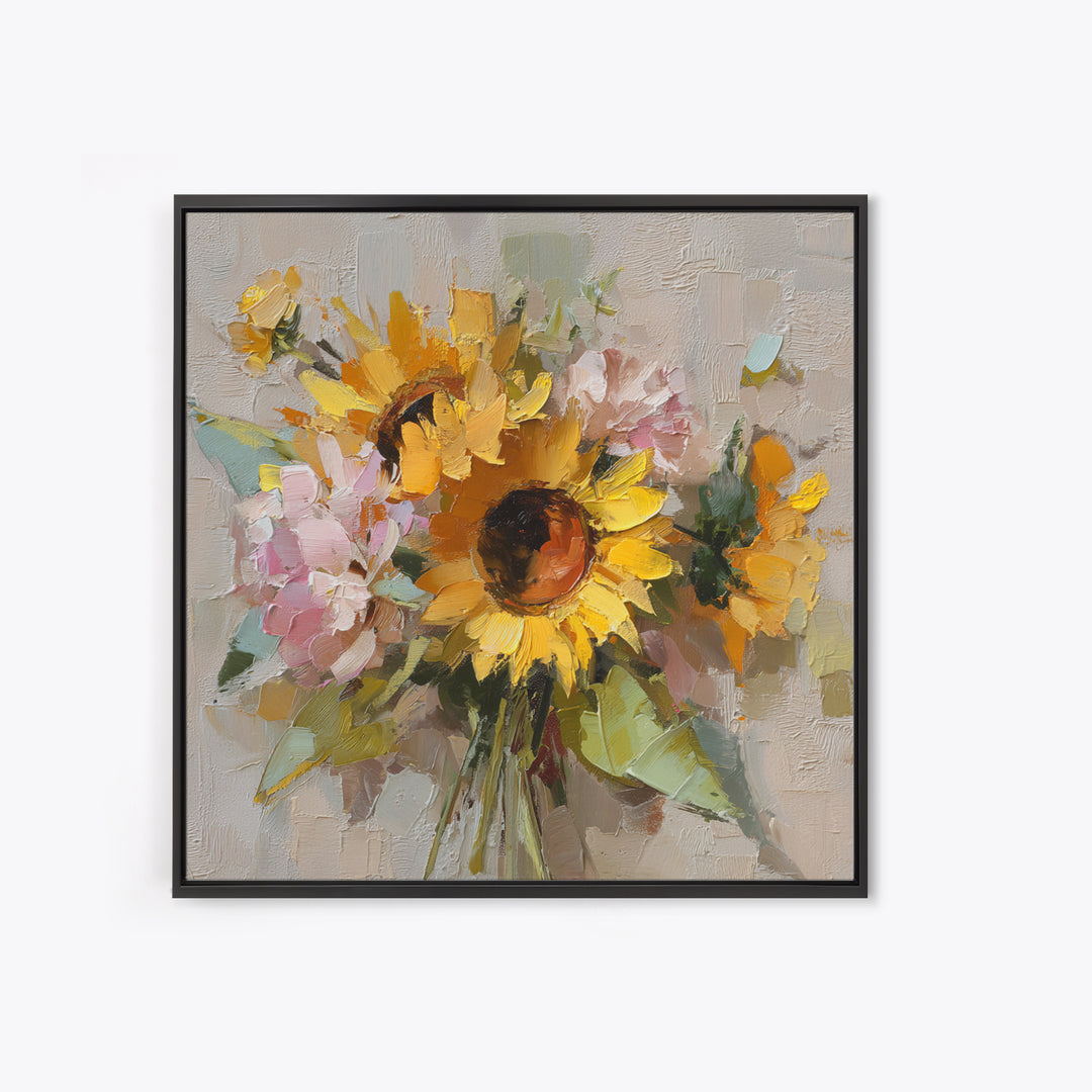 Sunflower Bouquet in Bold Golden Tones Framed Canvas Print, Floral Art, Textured Painting, Living Room Decor, Fine Art, Bloom, FLO-1x1-53