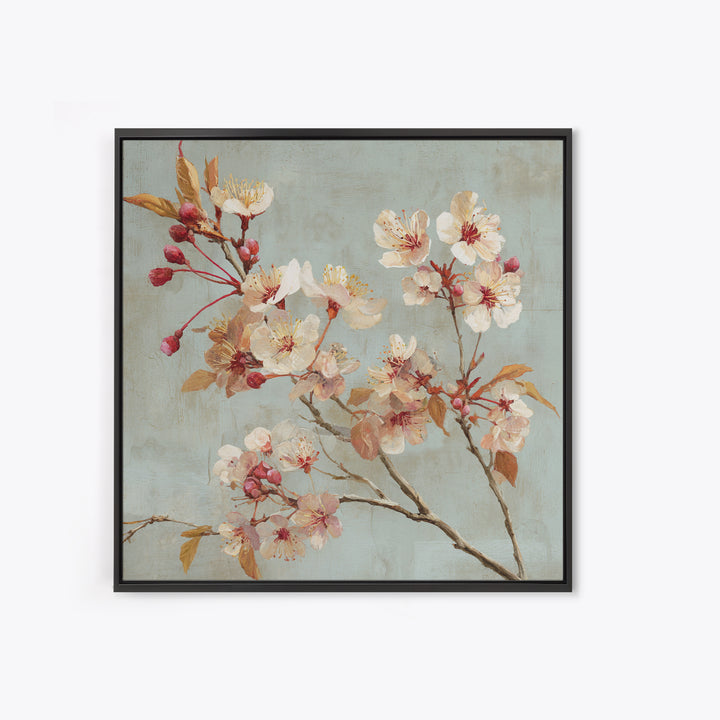Delicate Cherry Blossom Branch on Pale Sky Framed Canvas Print, Floral Art, Statement Artwork, Living Room Decor, Bloom, FLO-1x1-78
