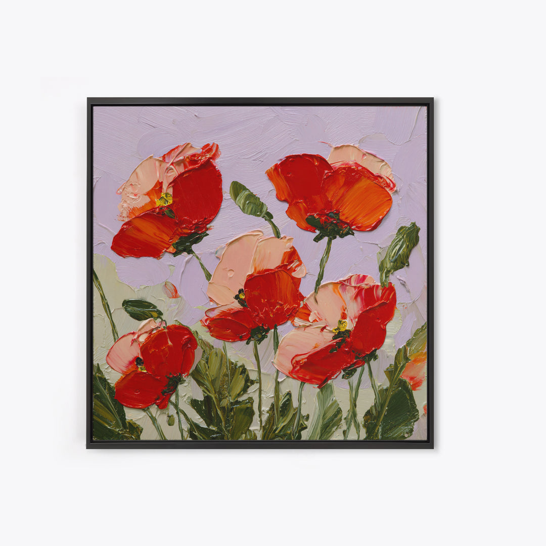 Poppy Field with Red Petals and Green Framed Canvas Print, Floral Art, Printable, Living Room Decor, Oil Painting, Bloom, FLO-1x1-8
