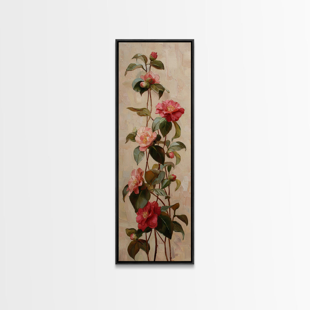 Camellia Bloom with Glossy Leaves Canvas Print, Floral Art, Botanical Curtain, Living Room Decor, Oil Painting, Bloom, FLO-1x3-100