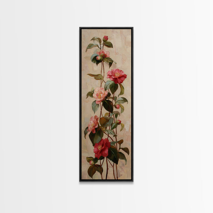 Camellia Bloom with Glossy Leaves Canvas Print, Floral Art, Botanical Curtain, Living Room Decor, Oil Painting, Bloom, FLO-1x3-100