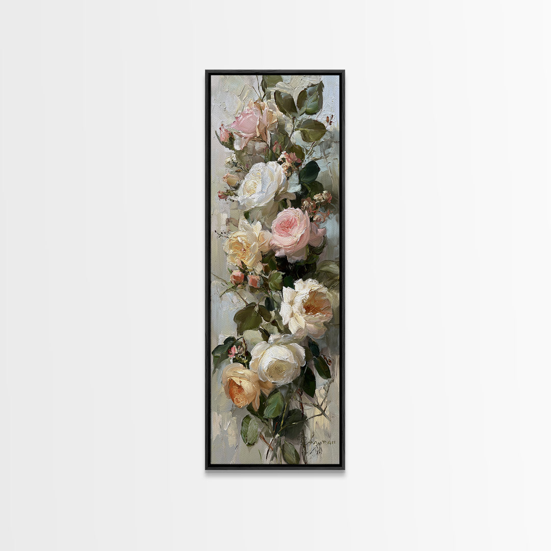 Floral Wreath of Garden Roses and Herbs Framed Canvas Print, Floral Art, Textured Painting, Living Room Decor, Fine Art, Bloom, FLO-1x3-53