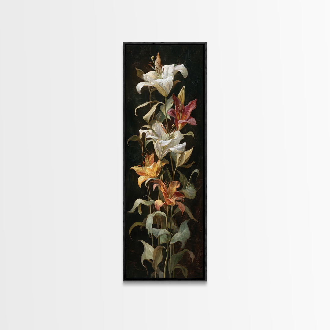 Lily Bouquet with Dramatic Dark Background Canvas Print, Floral Art, Art Nouveau Decor, Living Room Decor, Fine Art, Bloom, FLO-1x3-56