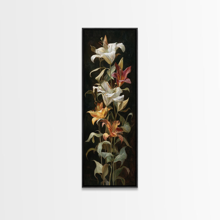 Lily Bouquet with Dramatic Dark Background Canvas Print, Floral Art, Art Nouveau Decor, Living Room Decor, Fine Art, Bloom, FLO-1x3-56