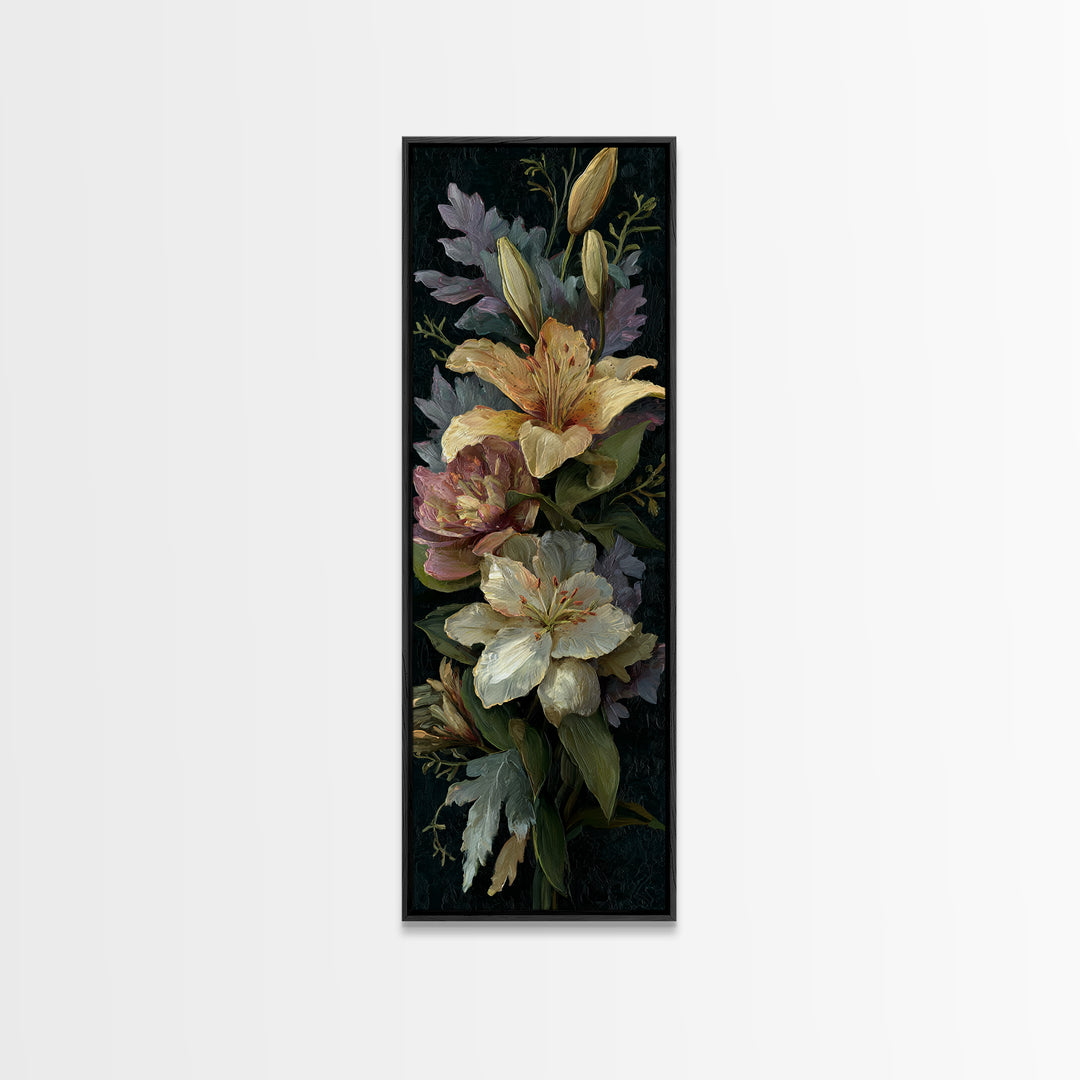 Lily Bouquet with Dramatic Dark Background Framed Canvas Print, Floral Art, Floral Art Prints, Living Room Decor, Oil Painting, FLO-1x3-80