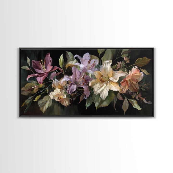 Lily Bouquet with Dramatic Dark Background Canvas Print, Floral Art, Printable, Living Room Decor, Oil Painting, Bloom, FLO-2x1-64