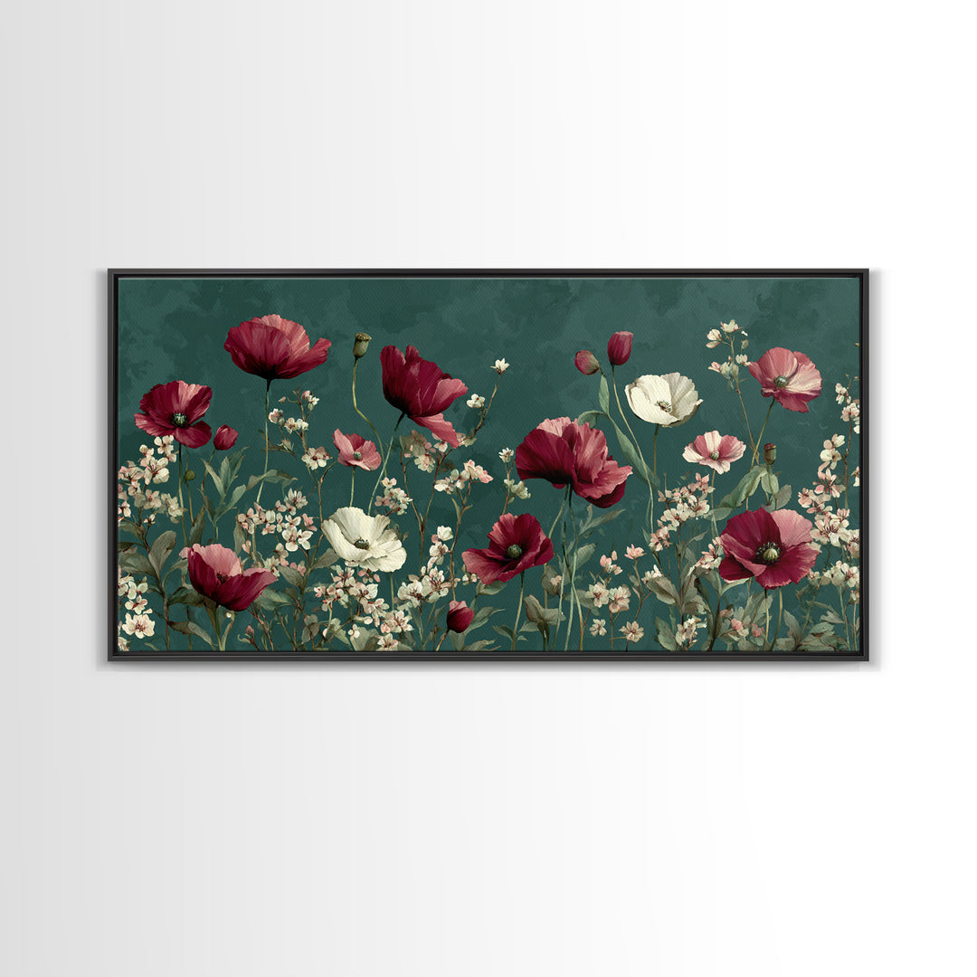 Poppy Field with Red Petals and Green Canvas Print, Floral Art, Art Nouveau Decor, Living Room Decor, Fine Art, Bloom, FLO-2x1-76