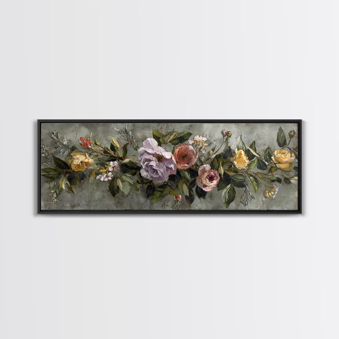 Floral Wreath of Garden Roses and Herbs Canvas Print, Floral Art, Floral Art Prints, Living Room Decor, Oil Painting, Bloom, FLO-3x1-33