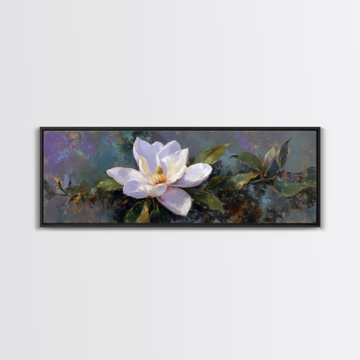 Single White Magnolia on Charcoal Ground Framed Canvas Print, Floral Art, Home Decor, Living Room Decor, Fine Art, Bloom, FLO-3x1-68