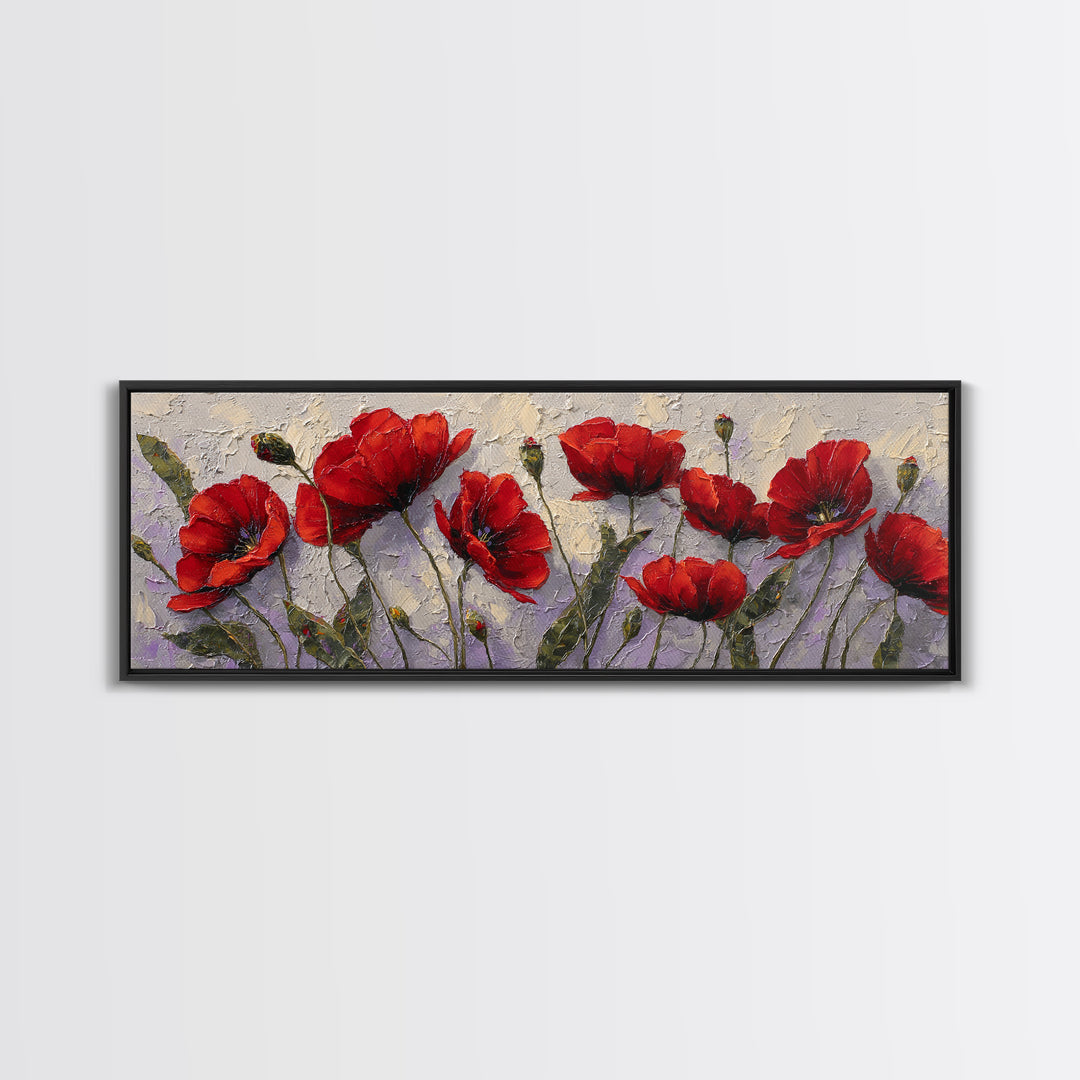 Poppy Field with Red Petals and Green Canvas Print, Floral Art, Textured Painting, Living Room Decor, Fine Art, Bloom, FLO-3x1-96