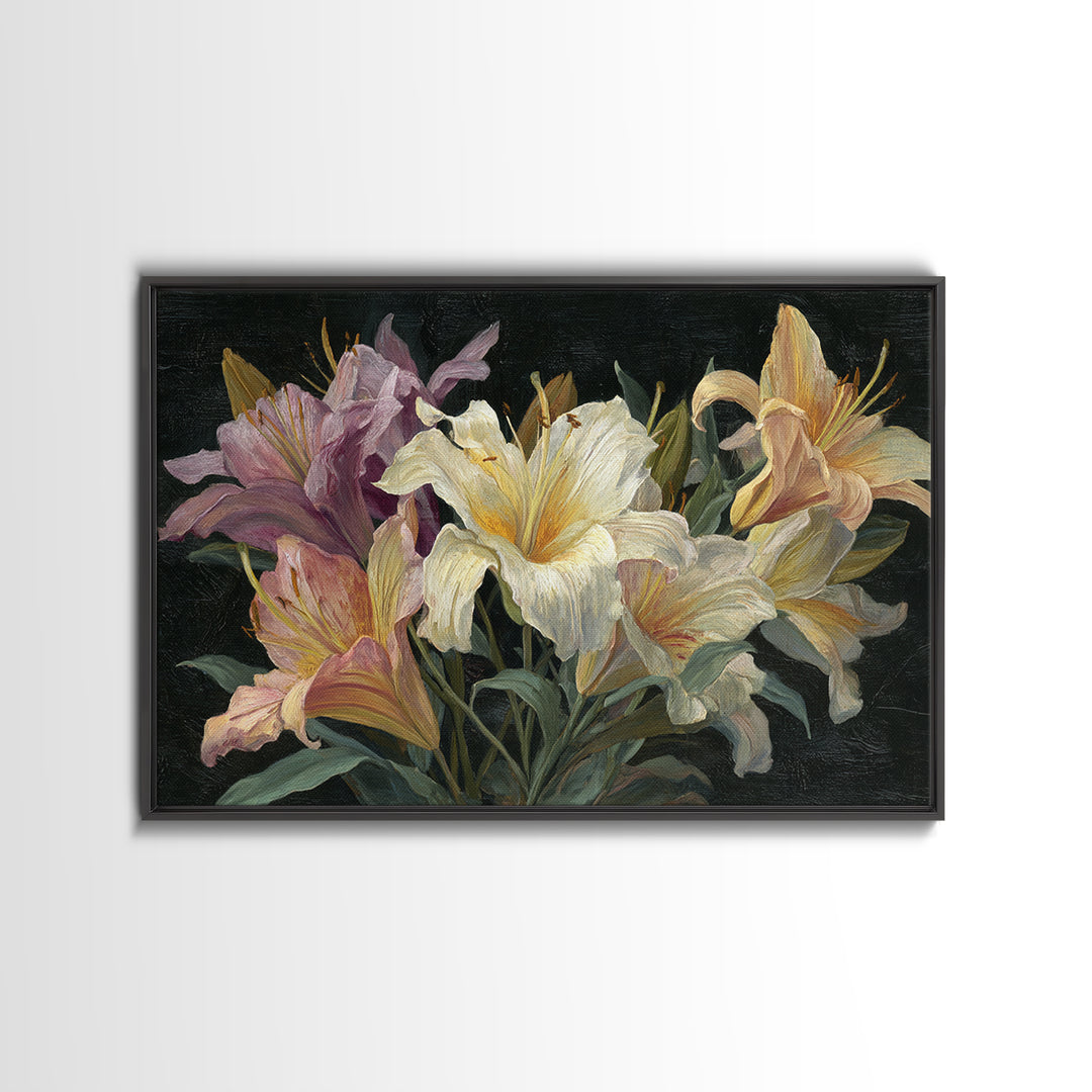 Lily Bouquet with Dramatic Dark Background Framed Canvas Print, Floral Art, Art Nouveau Locket, Living Room Decor, Bloom, FLO-3x2-24