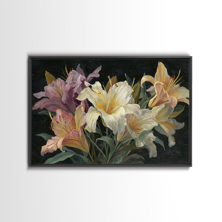 Lily Bouquet with Dramatic Dark Background Framed Canvas Print, Floral Art, Art Nouveau Locket, Living Room Decor, Bloom, FLO-3x2-24