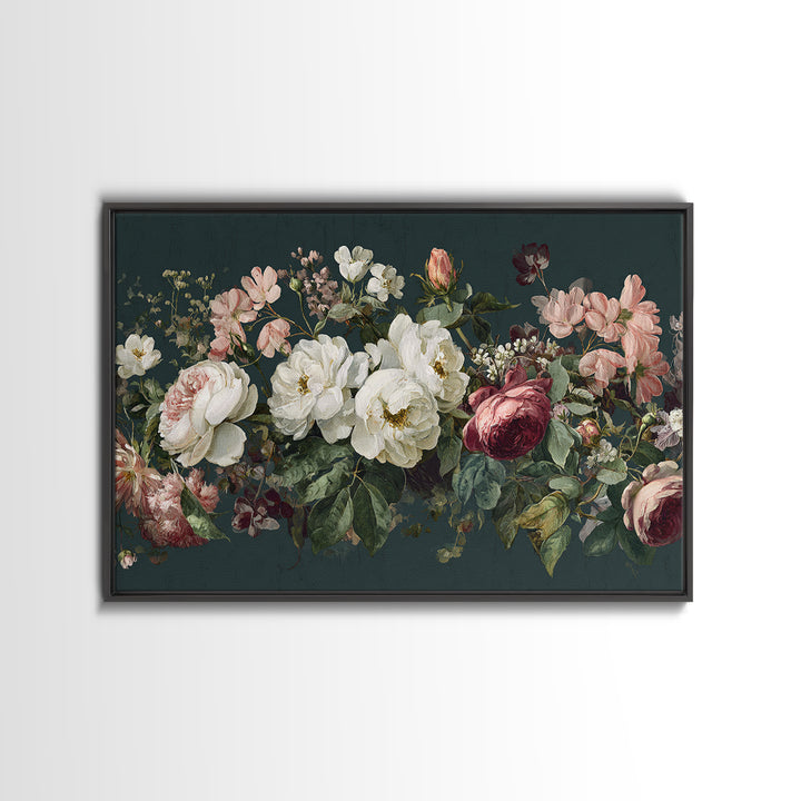 Floral Wreath of Garden Roses and Herbs Framed Canvas Print, Floral Art, Gallery Decor, Living Room Decor, Fine Art, Bloom, FLO-3x2-45