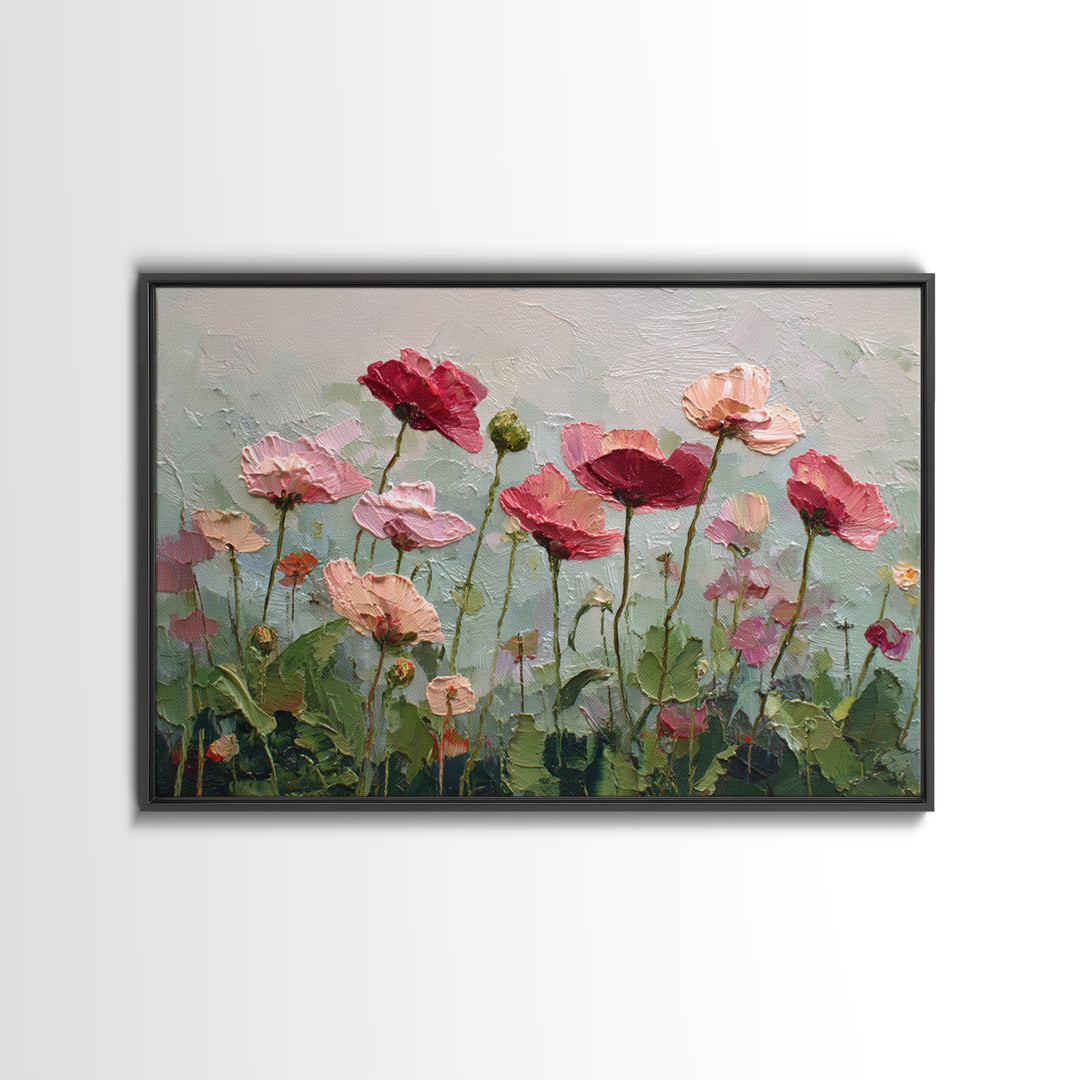 Poppy Field with Red Petals and Green Framed Canvas Print, Floral Art, Textured Painting, Living Room Decor, Fine Art, Bloom, FLO-3x2-60