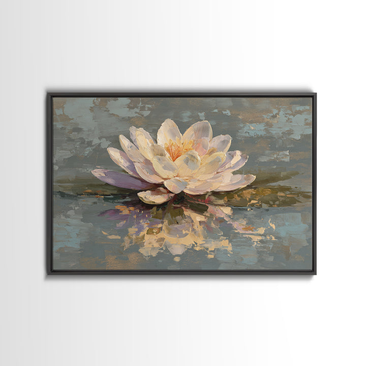 Lotus Blossom Floating on Still Water Framed Canvas Print, Floral Art, Art Nouveau Locket, Living Room Decor, Fine Art, Bloom, FLO-3x2-90