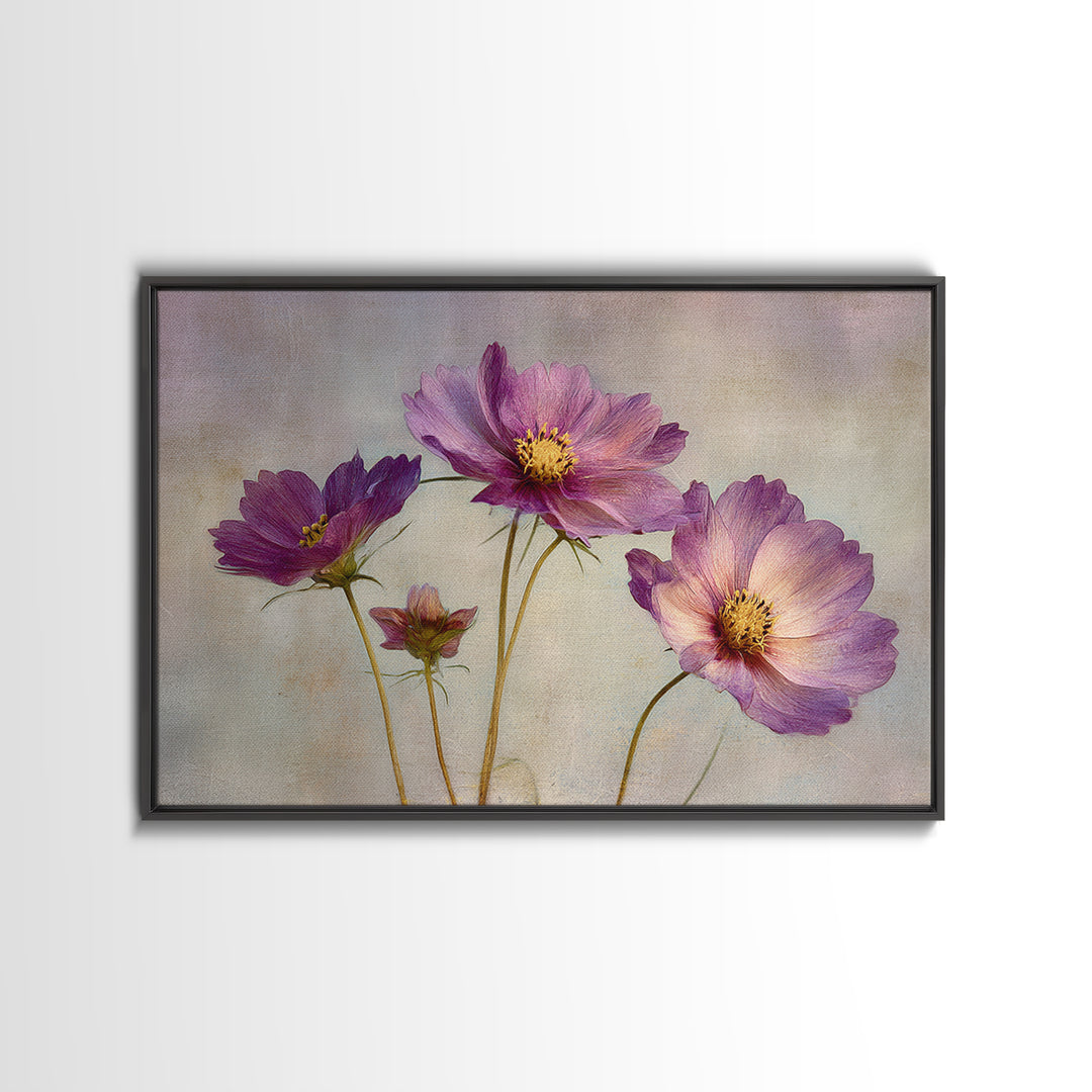 Cosmos Flowers Swaying Framed Canvas Print, Floral Art, Dark Academia Decor, Living Room Decor, Bloom, Printable Artwork, FLO-3x2-99