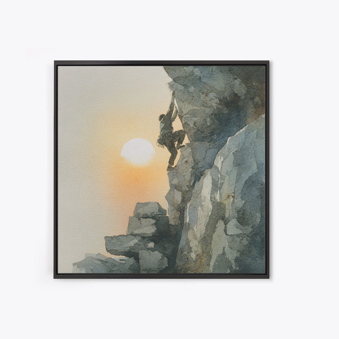 Rock Climber Reaching Toward Warm Light Framed Canvas Print, Fitness Studio Art, Dance Studio Decor, Gym Decor, Motion, FSA-1x1-63