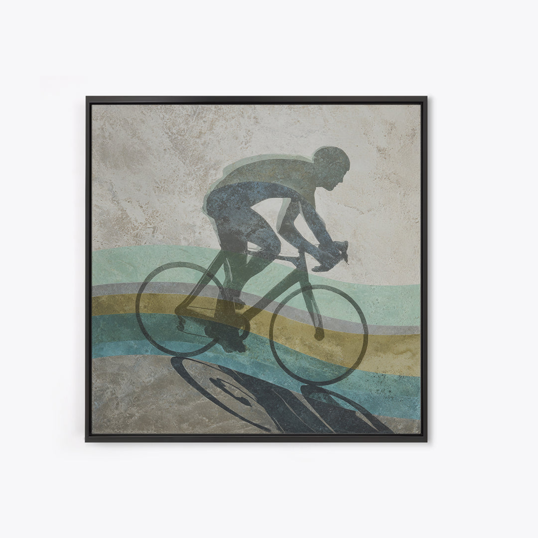 Cycling Figure in Bold Speed Lines Framed Canvas Print, Fitness Studio Art, Home Decor, Gym Decor, Oil Painting, Motion, FSA-1x1-80