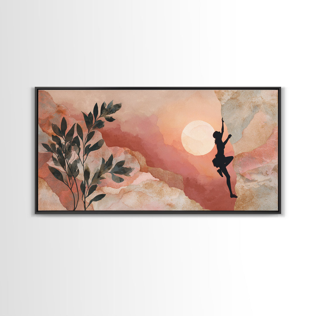 Rock Climber Reaching Toward Warm Light Framed Canvas Print, Fitness Studio Art, Boho Decor, Gym Decor, Oil Painting, Motion, FSA-2x1-35
