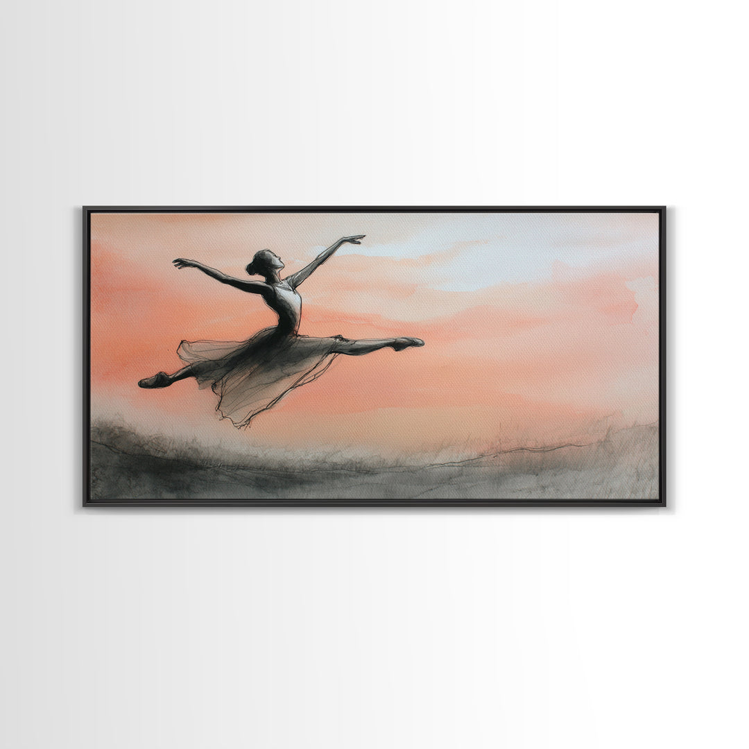 Dancer Leap with Painterly Energy Framed Canvas Print, Fitness Studio Art, Textured Painting, Gym Decor, Fine Art, Motion, FSA-2x1-7