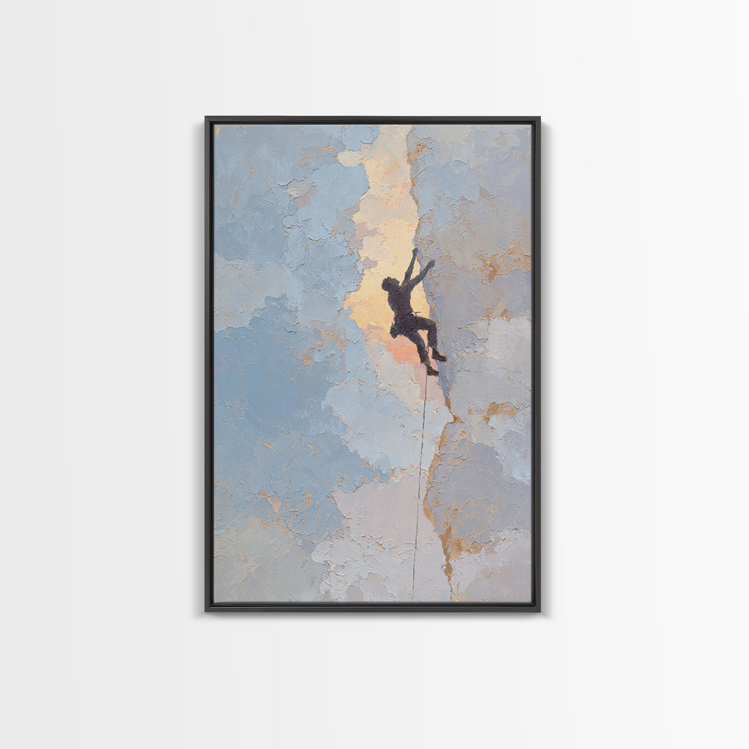 Rock Climber Reaching Toward Warm Light Framed Canvas Print, Fitness Studio Art, Physical Therapy Art, Gym Decor, Abstract Art, FSA-2x3-47