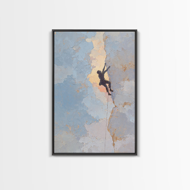 Rock Climber Reaching Toward Warm Light Framed Canvas Print, Fitness Studio Art, Physical Therapy Art, Gym Decor, Abstract Art, FSA-2x3-47