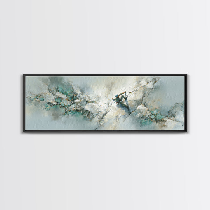 Rock Climber Reaching Toward Warm Light Framed Canvas Print, Fitness Studio Art, Boho Decor, Gym Decor, Fine Art, Motion, FSA-3x1-55