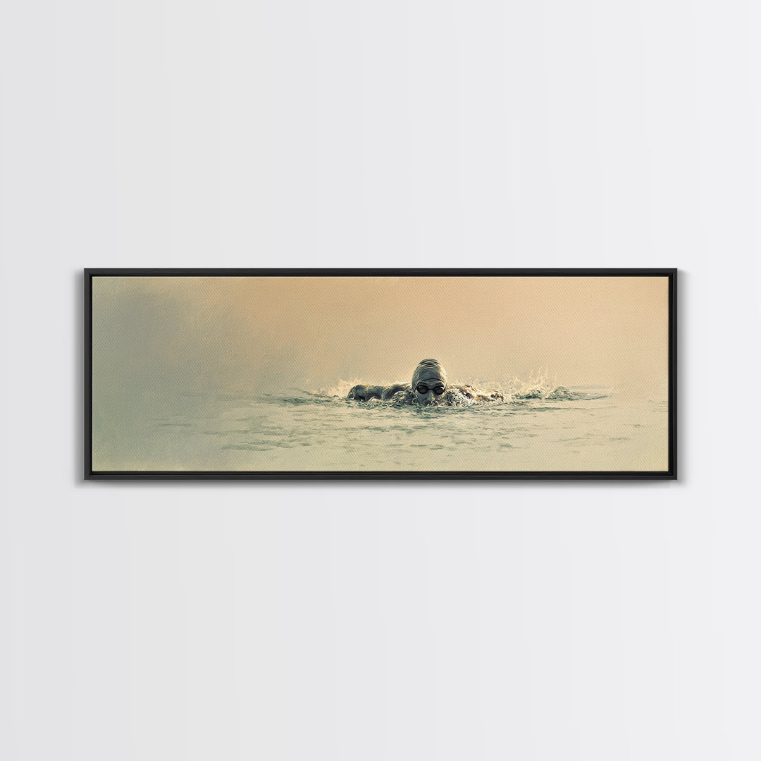 Swimmer Emerging Through Water Texture Framed Canvas Print, Fitness Studio Art, Large Wall Art, Gym Decor, Fine Art, Motion, FSA-3x1-82