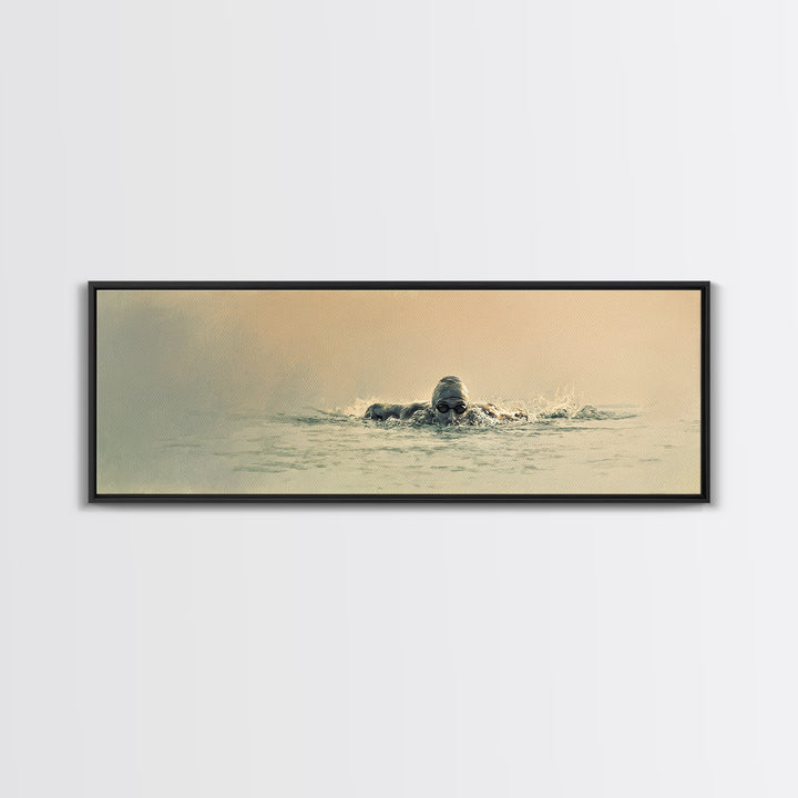 Swimmer Emerging Through Water Texture Framed Canvas Print, Fitness Studio Art, Large Wall Art, Gym Decor, Fine Art, Motion, FSA-3x1-82