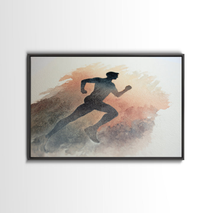Runner Silhouette Breaking Through Morning Mist Framed Canvas Print, Fitness Studio Art, Abstract Art, Gym Decor, Motion, FSA-3x2-5