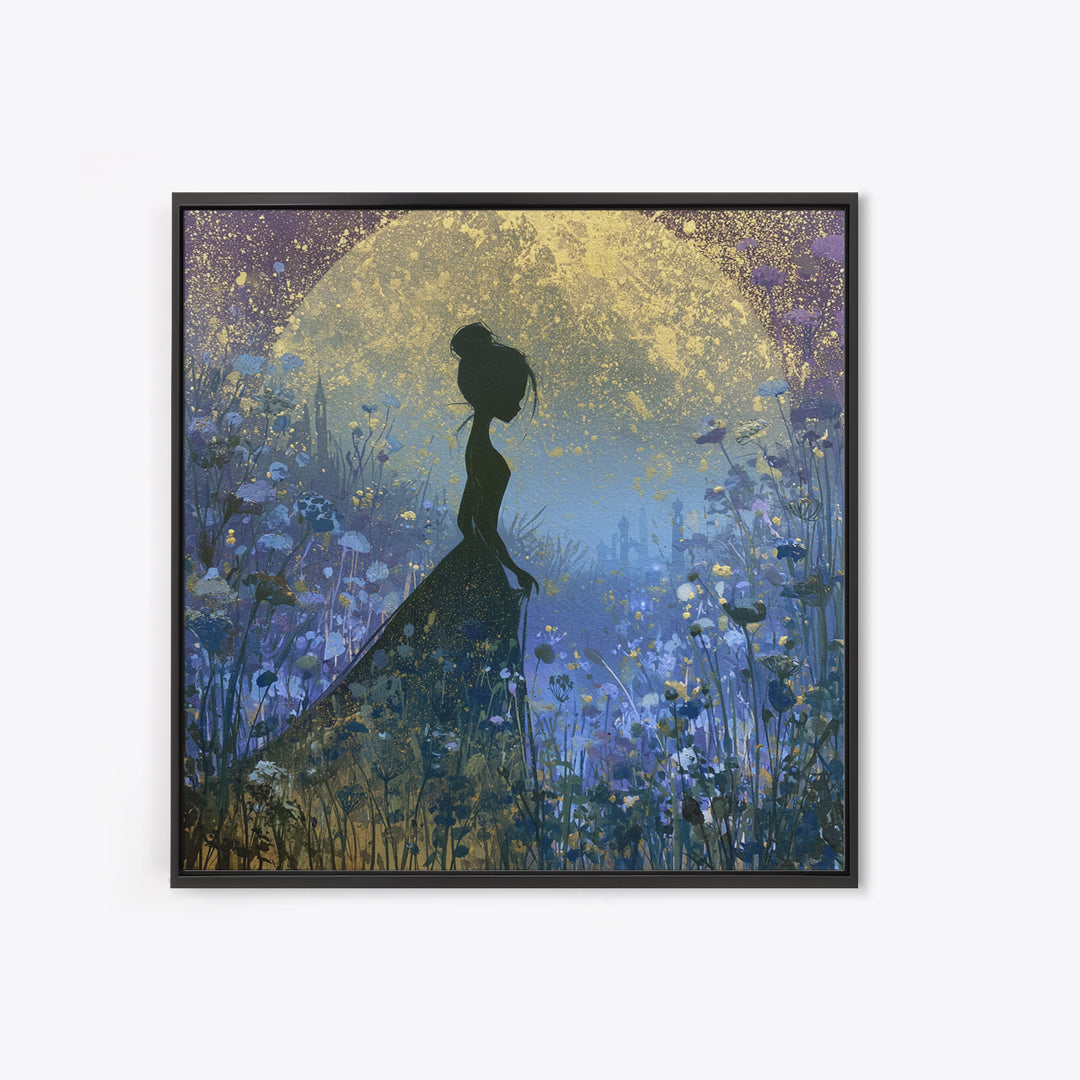 Princess Silhouette with Moonlit Garden Flowers Canvas Print, Fairy Tale Art, Art Nouveau Print, Living Room Decor, Storybook, FTA-1x1-100