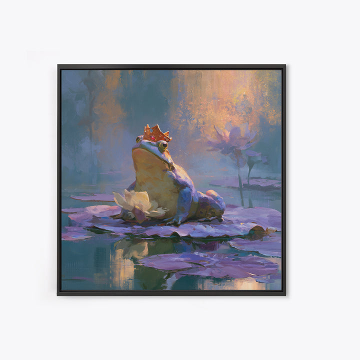 Frog Prince on a Lily Pad Framed Canvas Print, Fairy Tale Art, Whimsical Decor, Living Room Decor, Fine Art, Storybook, FTA-1x1-11