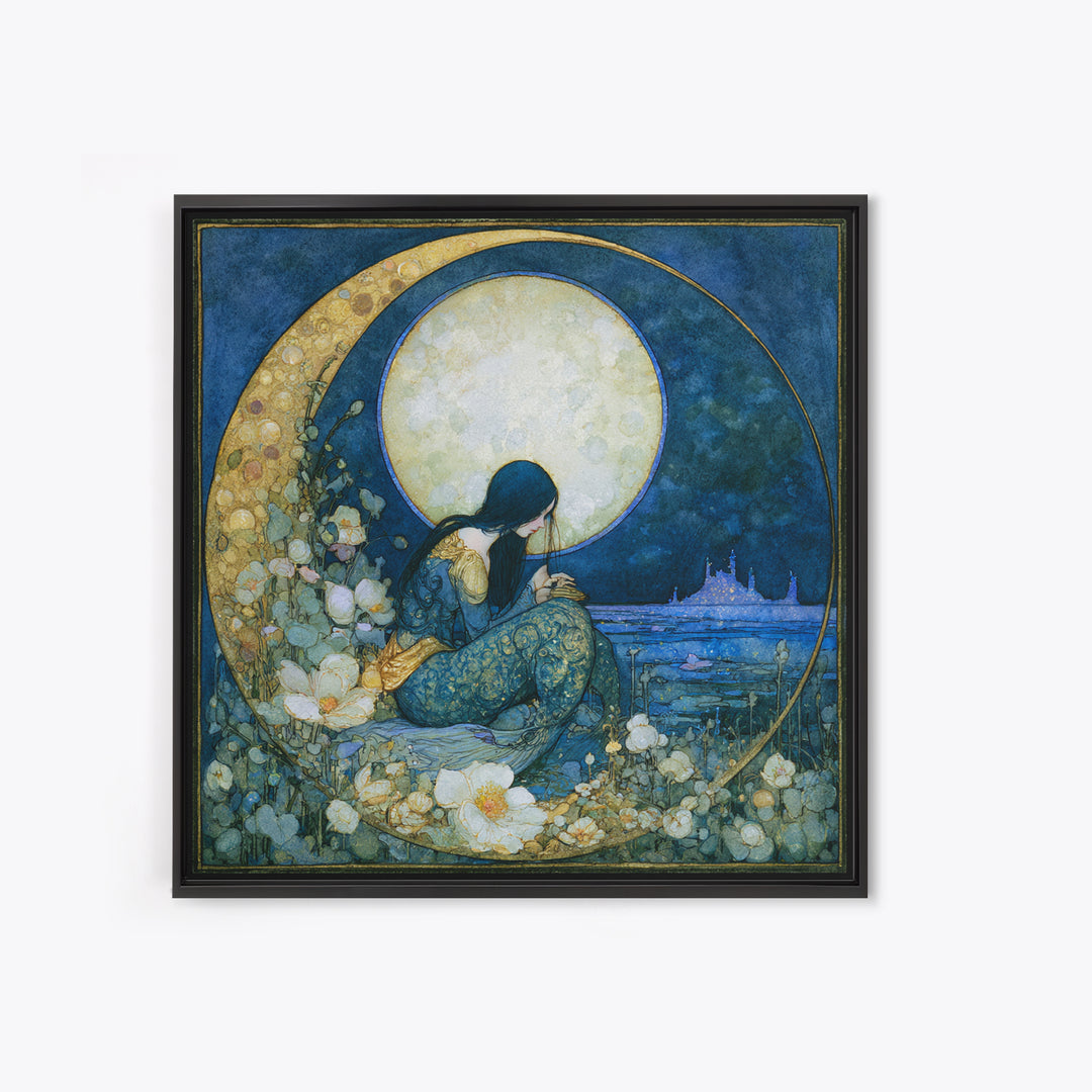 Mermaid Combing Hair Beneath a Pearl Moon Framed Canvas Print, Fairy Tale Art, Painting, Living Room Decor, Fine Art, Storybook, FTA-1x1-12
