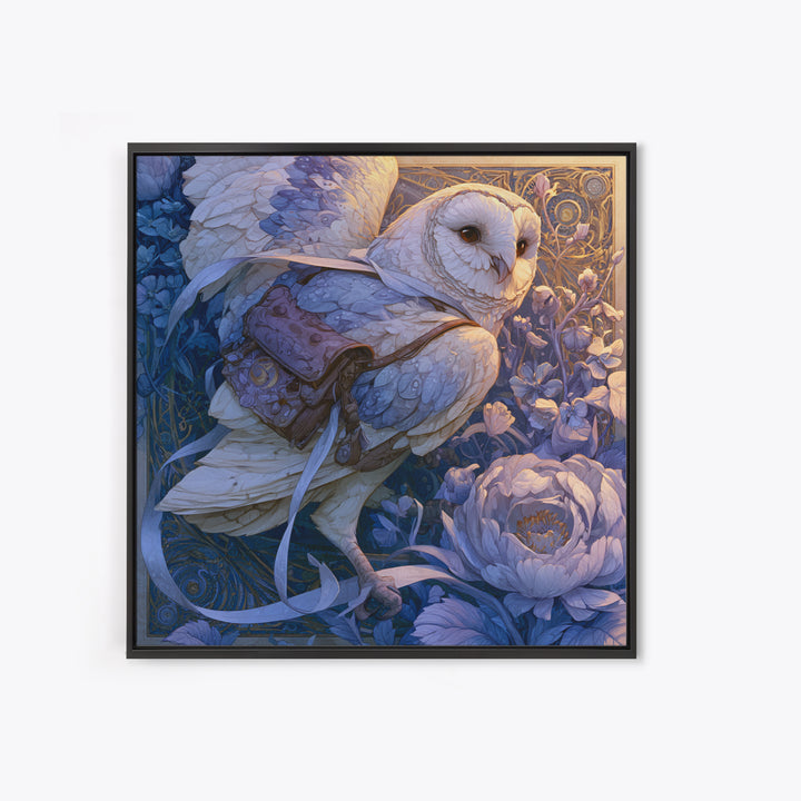 Owl Messenger Carrying a Tiny Ribbon Canvas Print, Fairy Tale Art, Gallery Decor, Living Room Decor, Fine Art, Storybook, FTA-1x1-17