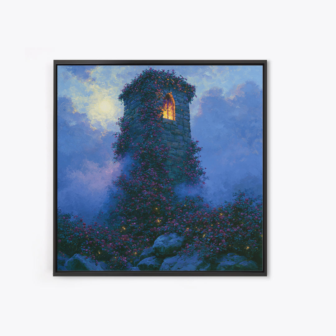 Rose Covered Tower Canvas Print, Fairy Tale Art, Folk Art, Living Room Decor, Fine Art, Storybook, Modern Decor, Fine Art Print, FTA-1x1-18